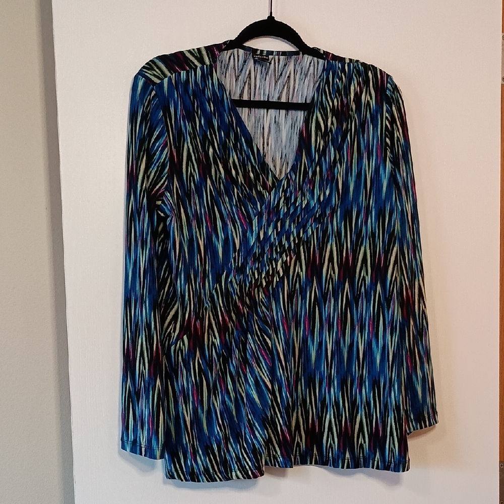 Rafaella Blue and Black Patterned V-Neck Blouse